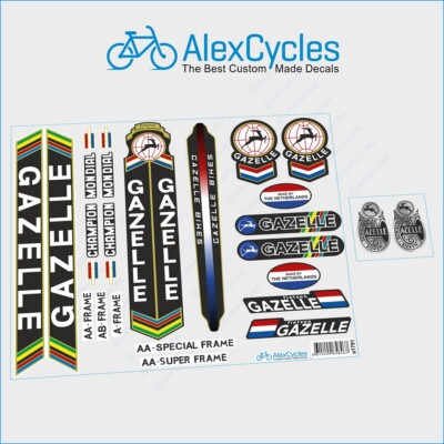 GAZELLE Bicycle White Black Silver Frame Restoration Decals FREE Gift Stickers