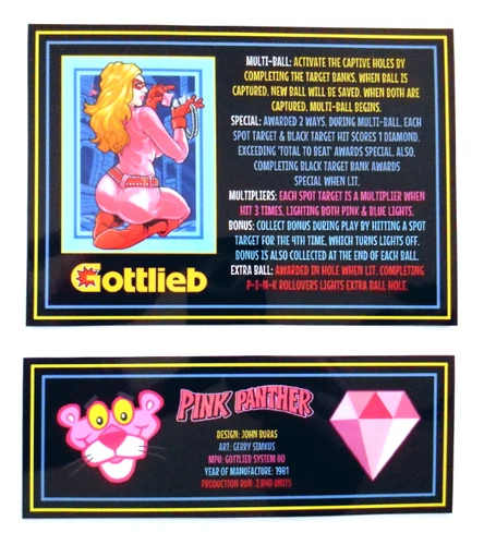 * * 'PINK PANTHER' Gottlieb 1981 Custom Instruction/Apron Cards (New) * *