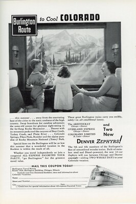 1936 Burlington Route Eisenbahn Anzeige Denver Zephyr Züge coole Colorado Passagiere