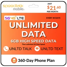 $21.60/Mo SpeedTalk Prepaid SIM Card Unlimited Data Talk Text Smart Phone Plan  