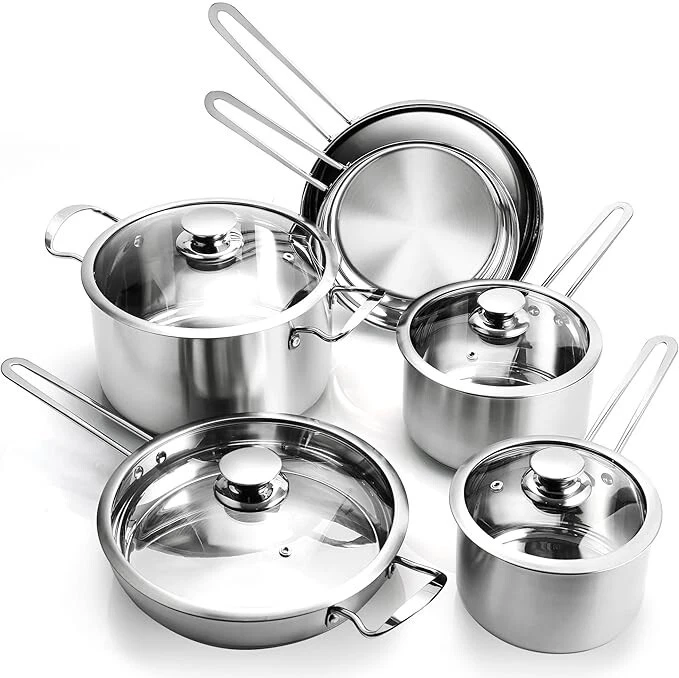 10-Piece Pots and Pans Set Stainless Steel Kitchen Cookware Sets Classic Cook...