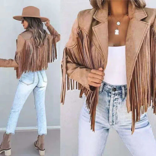 Damen Moto Biker Jacke Chic Cropped Quaste Fransen Kurz Dekor Mantel - Bild 12 von 28