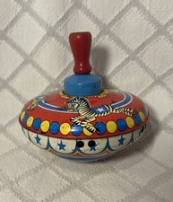 Vintage 1960's Ohio Art Metal Spinning Top with Wood Handle Litho Tin Toy Zebra