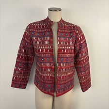 Chico's Womens Small Jacket Open Front Embroidered  Sequin Accents Art to Wear
