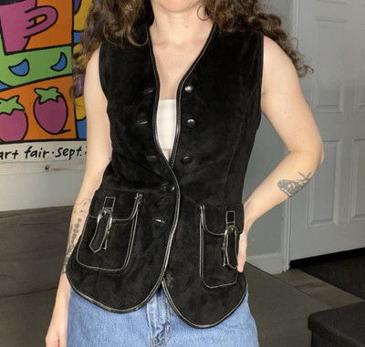 Erez Levy Vintage Black Suede Button Up Vest Size Small