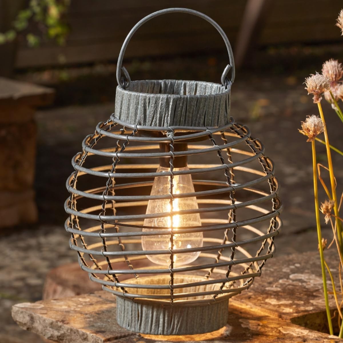 Solar LED Grey Terra Rattan Style Filament Hanging Outdoor Garden Table Lantern