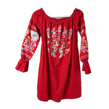 Free People Mini Dress Size S Red Floral Embroidered Off The Shoulder Pockets