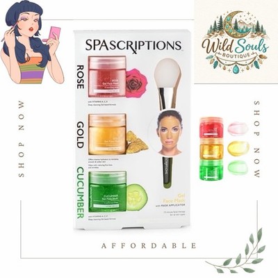 SPASCRIPTIONS 3-Pack Gel Face Mask (Rose, Gold, Cucumber) w Applicator, 1.7 NIB