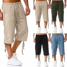 Mens Cotton Linen 3/4 Length Shorts Drawstring Pocket Combat Cargo Work Pants