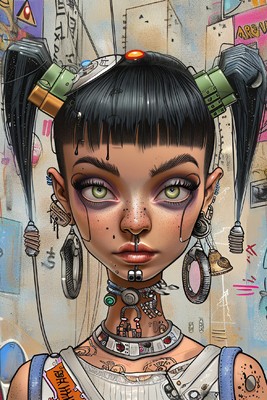 Punk Cyberpunk Girl Art Print - Edgy Sci-Fi Character 4x6 UR100230