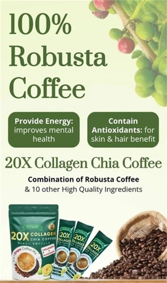 Mix 12g X10 Sachets Coffee 11 in 1 Coffee FITGUM 20X Collagen Chia - Image 4 of 4
