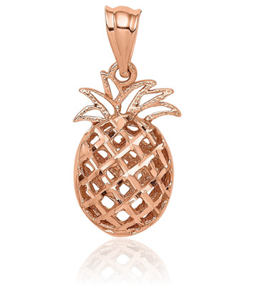 14K Solid Rose Gold Medium Hawaiian Pineapple Pendant Necklace 21mm 7/8 inch 3d
