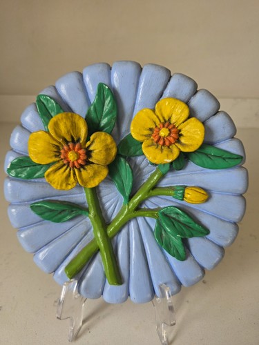 VTG MCM Handmade Hand Painted Pottery 3D Raised Hanging Wall Plaque Flowers 8"