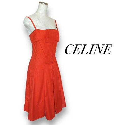 Abito CELINE rosso petto volant linea A svasato camicetta donna vintage moda f