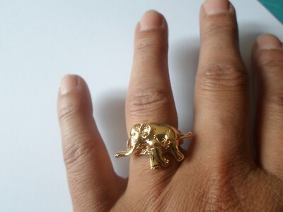 Bague Plaqué Or Jaune Noir Avec 3 éléphants - Taille 55 - Gold Filled Femme