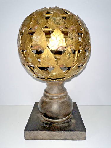 10 3/8" Gold Toned Metal Maple Leaf Sphere Topiary Sculpture Wooden Harvest