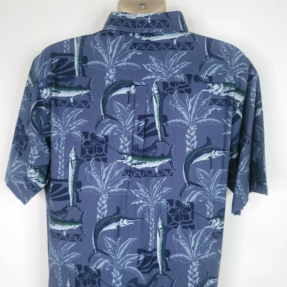 Michael Austin Mens Button Down Shirt L Blue Short Sleeve Marlin Fish Hawaiian - Image 4 of 4