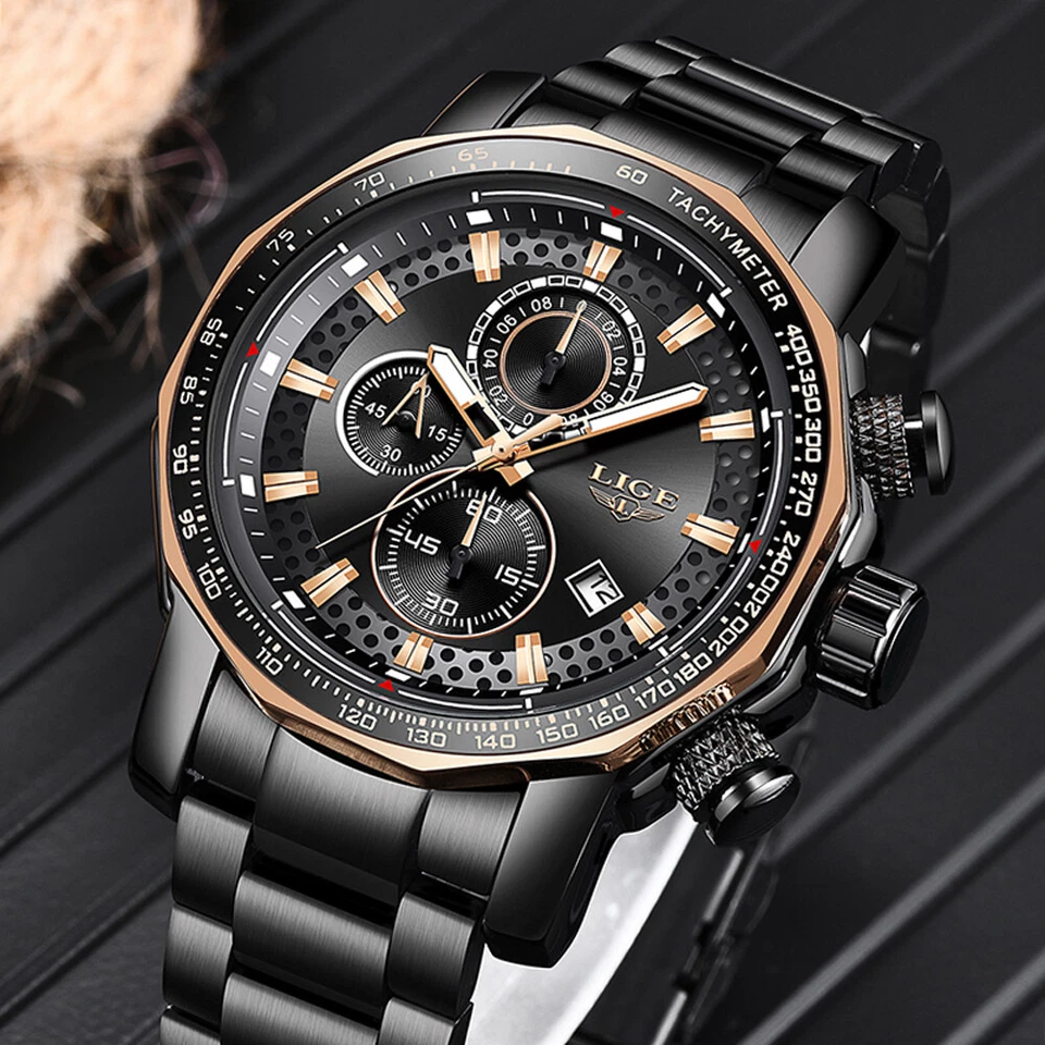 LIGE Sport Chronograph Mens Watches Luxury Full Steel Quartz Watch Waterproof - image 3 of 4