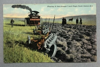 1913 REEVES STEAM ENGINE Tractor PLOW North Dakota FARM ADVERTISING Postcard