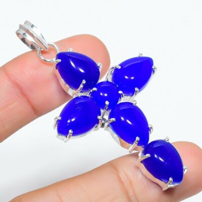 Blue Chalcedony Gemstone Handmade 925 Sterling Silver Jewelry Pendant 2.56''