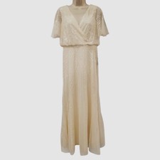 Adrianna Papell Women Ivory Beaded Flutter Sleeve Gown Dress Petite Size 4P
