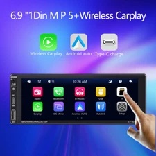 Touch Screen 1 Din 6.9" Car Radio Wireless Carplay Android Auto Stereo FM AM RDS