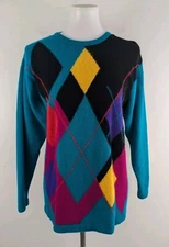Casual Corner Vtg 80s 90s Colorful Fuzzy Angora Argyle Sweater Long Retro XS S 