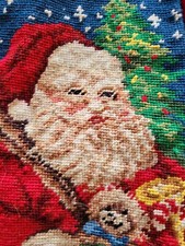 VINTAGE Wool Christmas Stocking Santa Claus with Toys Red Velvet Back