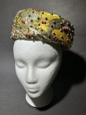 Vintage Gwenn Pennington Womens Small Taffeta Brocade Bead/rhinestone Hat Used