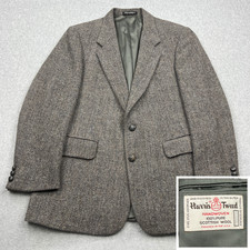 VTG 50s Harris Tweed Scottish Wool Blazer 40 Herringbone Leather Buttons Jacket