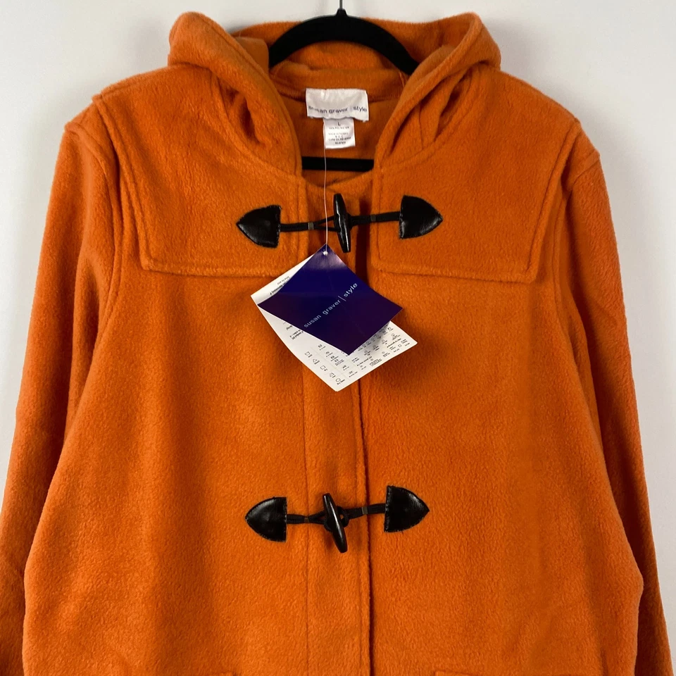 Susan Graver Fleece Toggle Duffle Coat Womens Large Orange Pockets Hooded - Image 2 of 4
