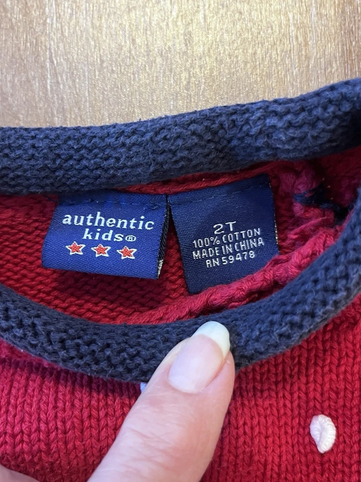 Auténtico suéter muñeco de nieve a rayas para niños talla 2T 100 % algodón rojo, azul marino, blanco Foto 4 de 4