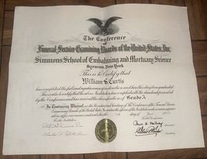 1949 Funeral Diploma Simmons School of Embalming & Mortuary Science