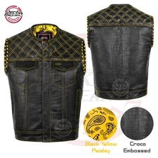 Men's Collarless Leather Vest Motorcycle Biker Club Concealed Carry Yellow Braid