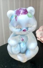 FENTON Art Glass white opalescent hand pntd sitting bear flowers signed Van Zile