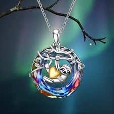 Colorful Crystal Round Sloth With Heart Pendant Necklace Jewelry