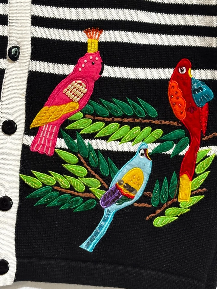 Suéter Top Mujer Terrazo Cuentas Bordado Loro Pájaro Manga Corta Botón XL Foto 3 de 4