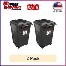  2 pack Hyper Tough 45 Gallon Wheeled Heavy Duty Plastic Garbage Can, Attached