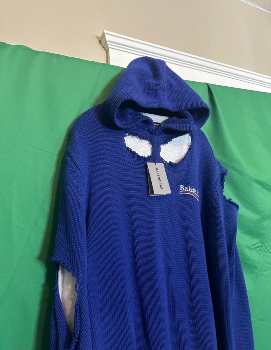 BALENCIAGA destroyed knit layered hybrid campaign hoodie blue with