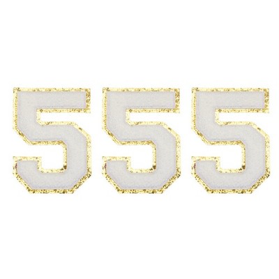 Chenille Nummer 5 Patches, 4-1/2 Zoll Höhe, goldene Glitzerstickerei, 3 (Weiß)