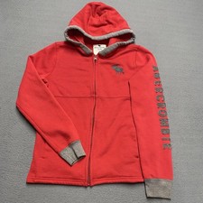 VTG Abercrombie Kids Hoodie Kids 15/16 Red Full Zip Fleece Moose Sleeve Logo y2k