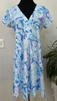 NWT Lilly Pulitzer AMINA CAP SLEEVE DRESS Blue Haven Pop Up Into The Deep  Sz L