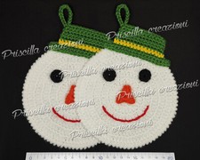 Coppia di presine cucina in lana fatte a mano all'uncinetto - Pupazzo di Neve