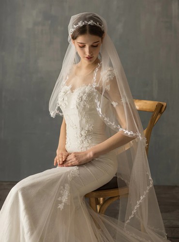 Wedding veil white bride bridal floor length flower tulle with clips elegant - 第 1/5 張圖片