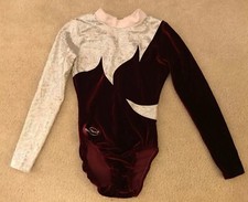 EUC Girls Maroon Velour/White Metallic Gymnastics Long Sleeve Leotard Sz 8-10