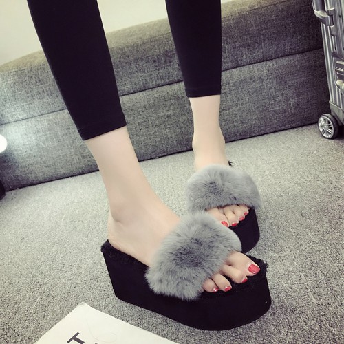 Women's Fluffy Fur Open Toe Wedge Heels 
