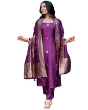 GoSriKi Women's Cotton Blend Straight Embroidered Kurta with Pant & Dupatta