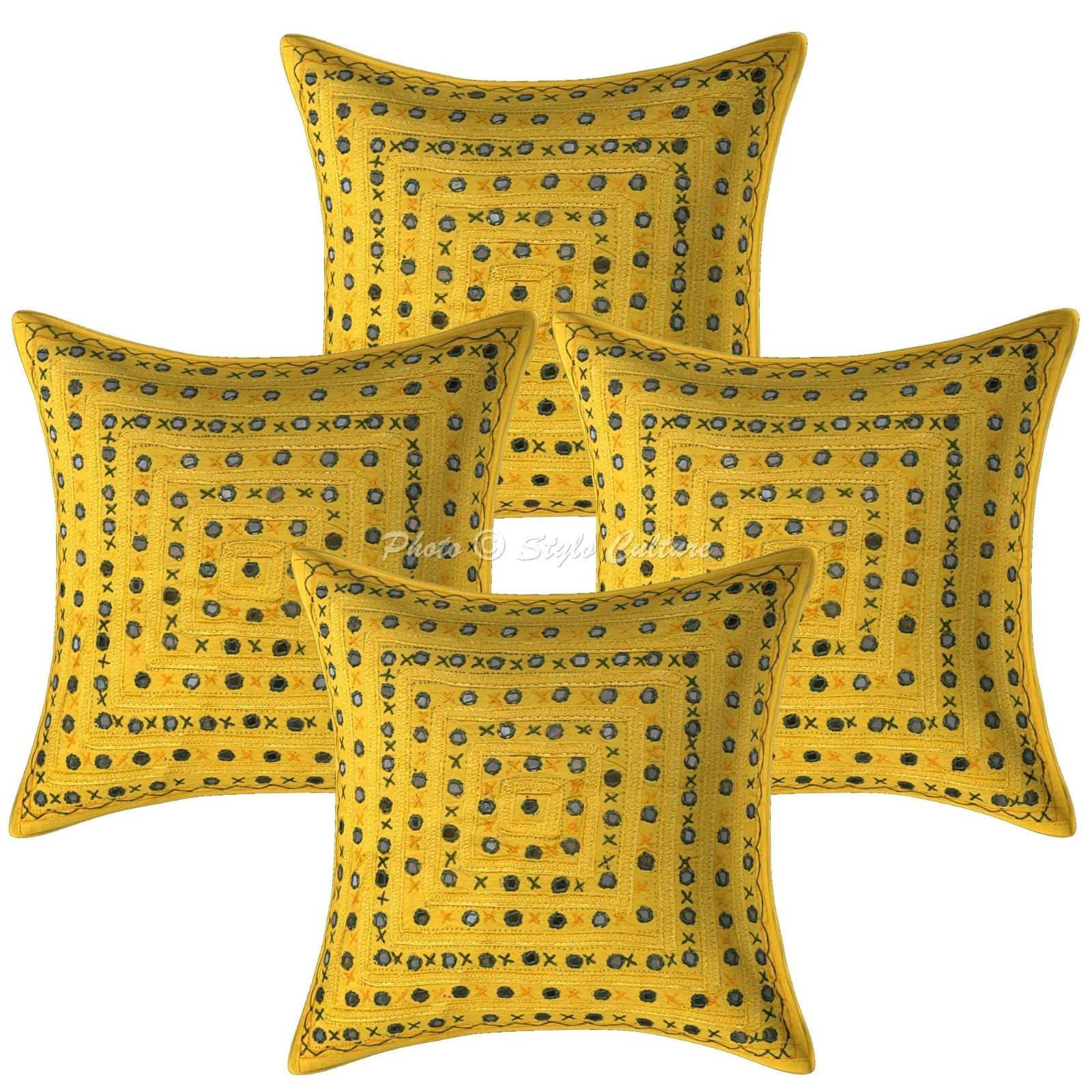 Indian Cotton Throw Pillow Covers Embroidered Mirror Lace Yellow Geometric Decor