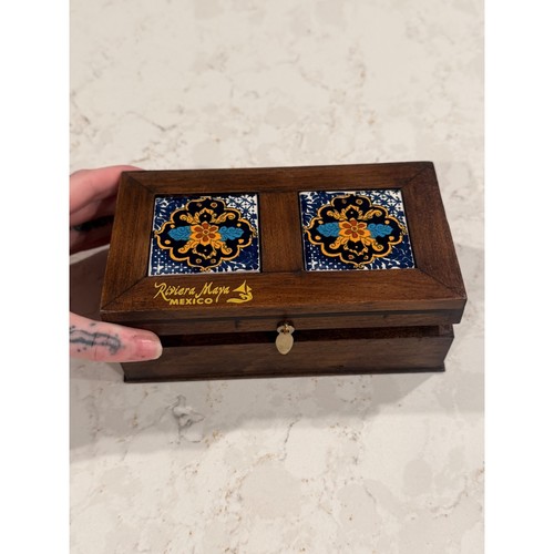 El Viejo Arte Riviera Maya Mexico Wooden Trinket Box Talavera Tile Inlay Brown