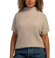 NWT TAHARI Cashmere Over Washed Short Sleeve Funnel Neck Sweater Size US XL